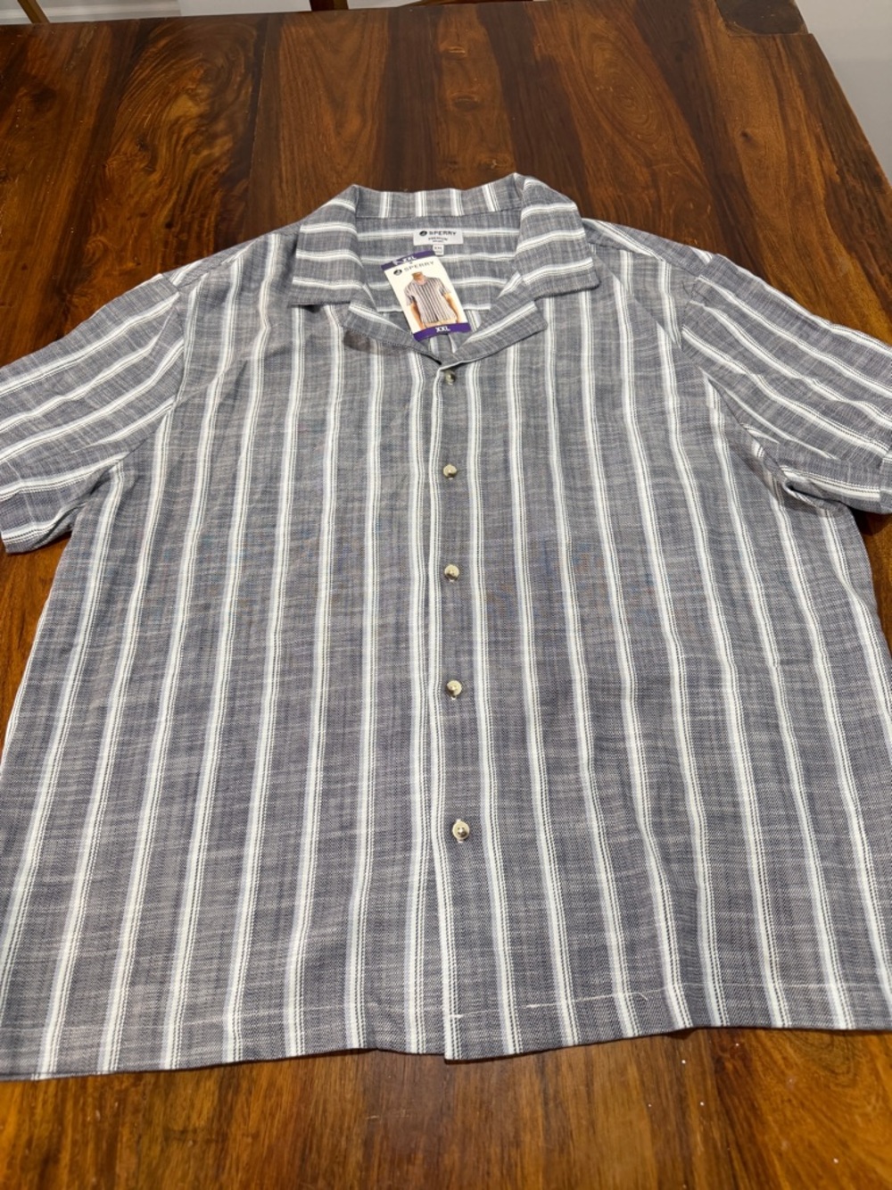 Sperry Gray and White Vertical Stripe Cotton Short-Sleeve Button Shirt